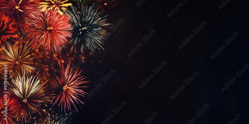 New Year's background with fireworks, golden and red colors, with space for text, card banner or wallpaper New Year's background with fireworks, golden and red colors, with space for text, card banner or wallpaper
