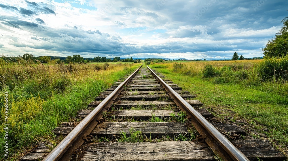 A serene view of a railway track leading through lush greenery under a cloudy sky, evoking a sense of adventure and tranquility. A serene view of a railway track leading through lush greenery under a cloudy sky, evoking a sense of adventure and tranquility.
