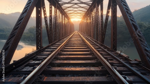 A serene view of a railway bridge at sunrise, showcasing the tracks leading towards the horizon surrounded by nature.