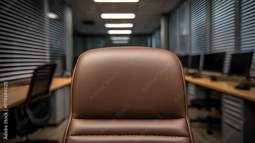 Recession-driven layoffs represented by an empty corporate office, workstations without employees, dim light through blinds, cool tones, emotional depth, uncluttered space