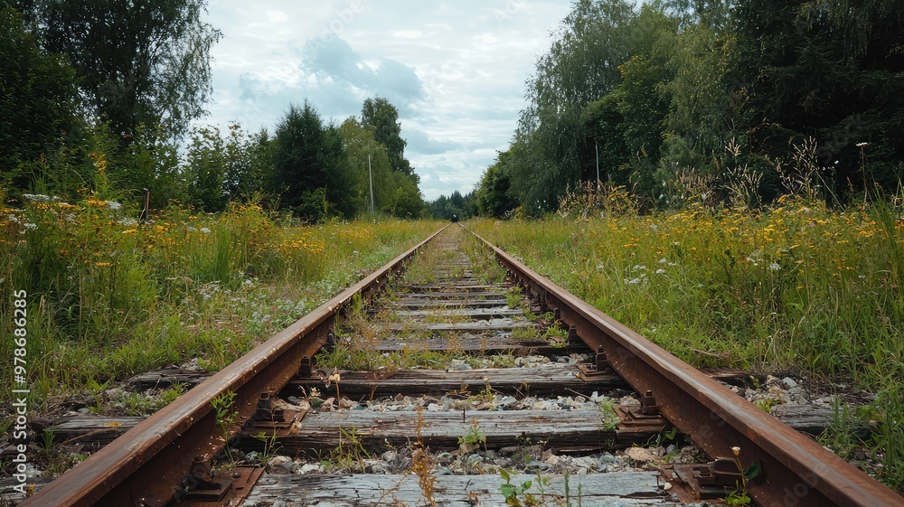 A serene view of an abandoned railway track surrounded by lush greenery and wildflowers under a cloudy sky. A serene view of an abandoned railway track surrounded by lush greenery and wildflowers under a cloudy sky.