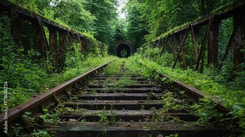 A serene view of an abandoned railway surrounded by lush greenery, showcasing nature reclaiming the path. photo