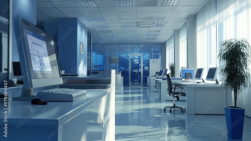 Modern office interior with computers and natural light. Modern office interior with computers and natural light.