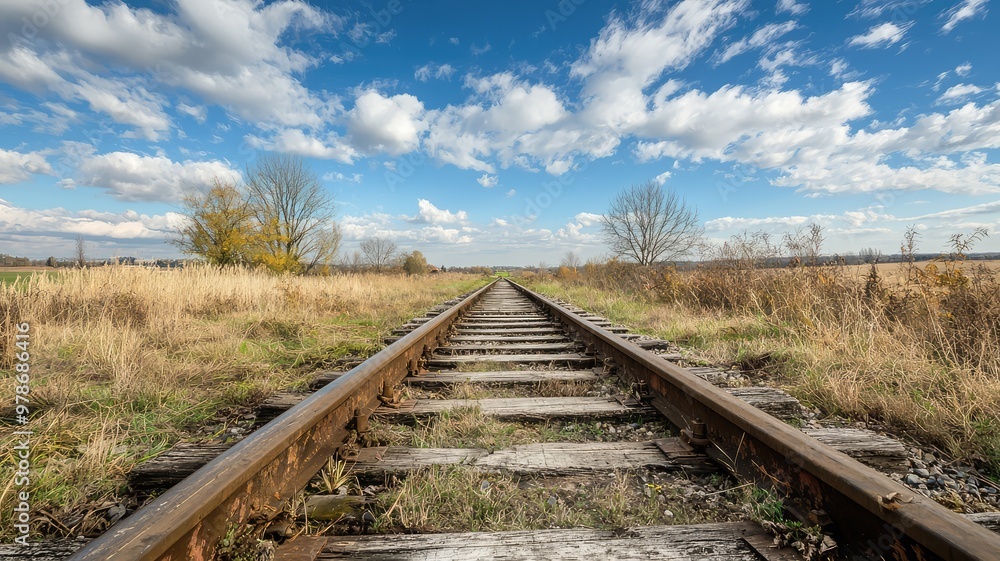A serene view of train tracks stretching into the horizon under a blue sky with fluffy clouds, surrounded by beautiful landscapes. A serene view of train tracks stretching into the horizon under a blue sky with fluffy clouds, surrounded by beautiful landscapes.