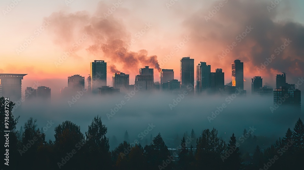A stunning cityscape at dawn, enveloped in mist and smoke, showcasing silhouetted skyscrapers against a fiery sky. A stunning cityscape at dawn, enveloped in mist and smoke, showcasing silhouetted skyscrapers against a fiery sky.