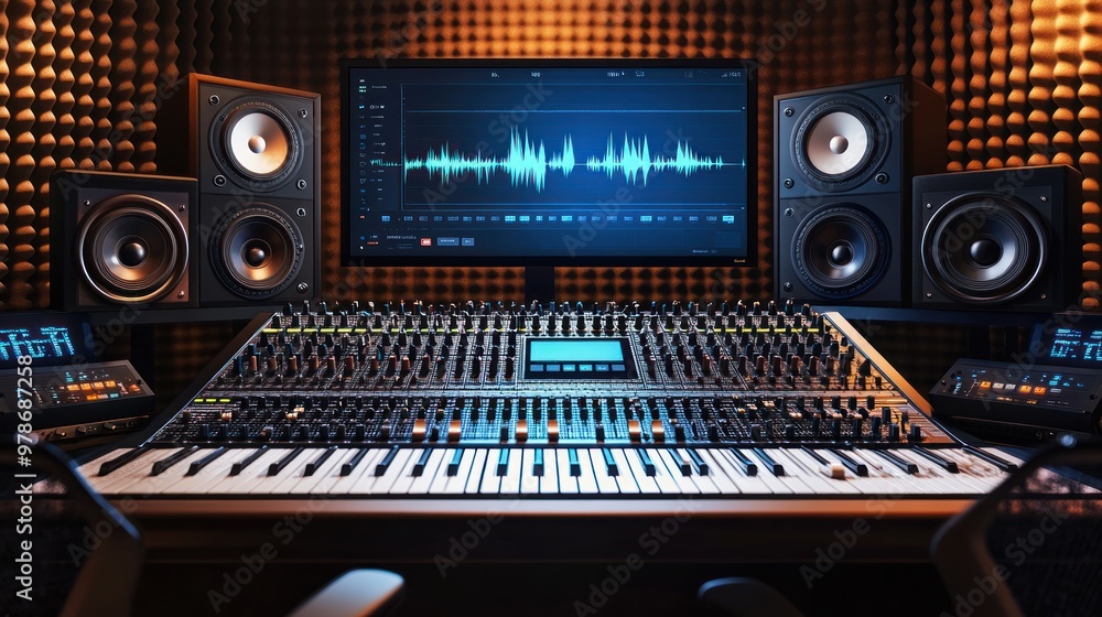 A professional audio mixing studio with equipment and sound visualization on display. A professional audio mixing studio with equipment and sound visualization on display.