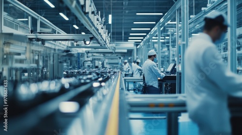 Manufacturing workers in a modern factory, working on production lines and advanced machines, focus on efficiency and technology photo