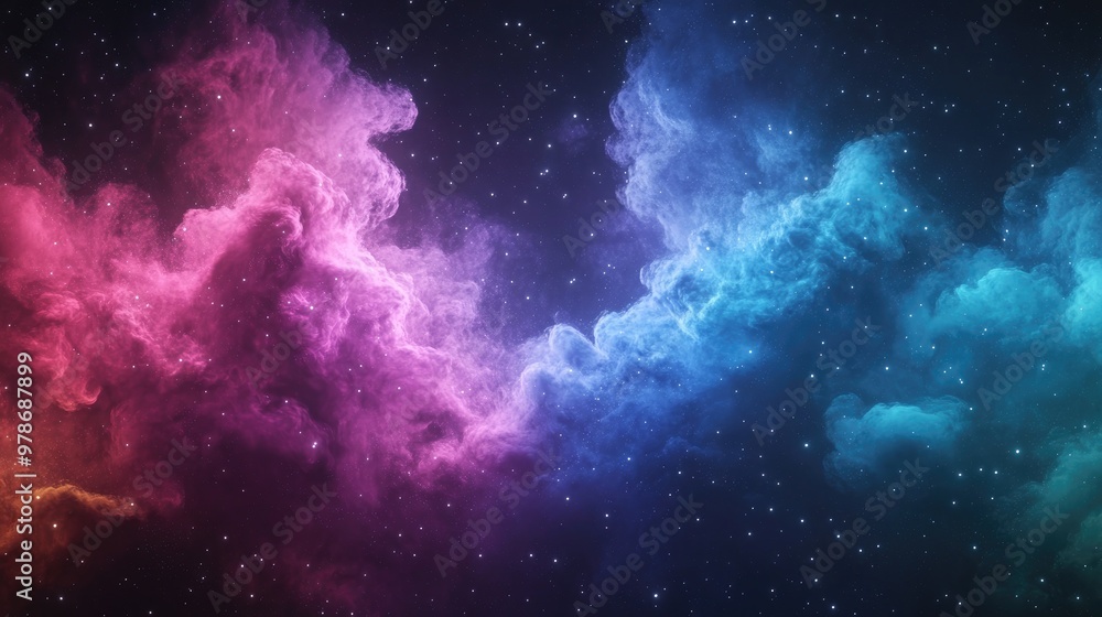 Fototapeta premium Celestial Tapestry: A mesmerizing celestial vista unfolds, painted with vibrant hues of pink, purple, and blue, revealing an interstellar dance of cosmic energy. 
