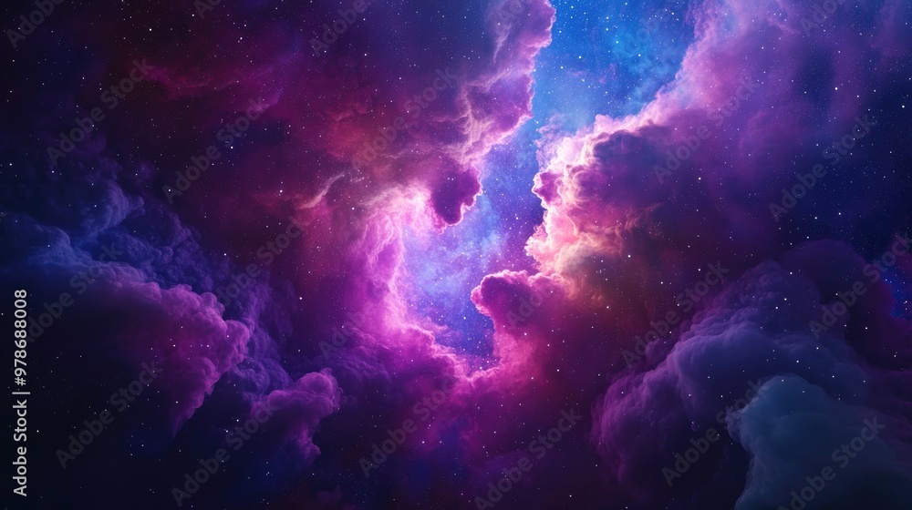 Fototapeta premium Nebula Embrace: A breathtaking panorama showcases a nebula of swirling colors, an ethereal dance of cosmic dust and gas bathed in the radiant glow of distant stars.