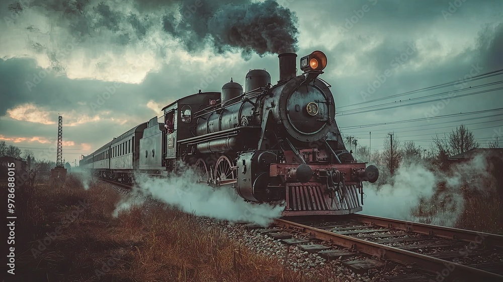 Obraz premium A stunning vintage steam train travels through a moody landscape, emitting clouds of smoke against a dramatic sky.