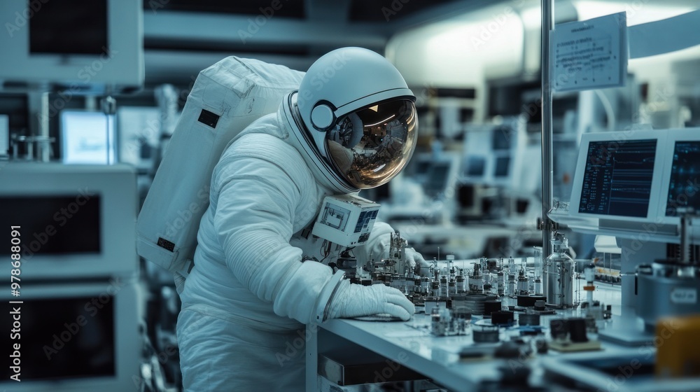 Obraz premium Microgravity experiments in a physics lab, studying material properties and behavior in zero gravity, detailed equipment and focused astronauts