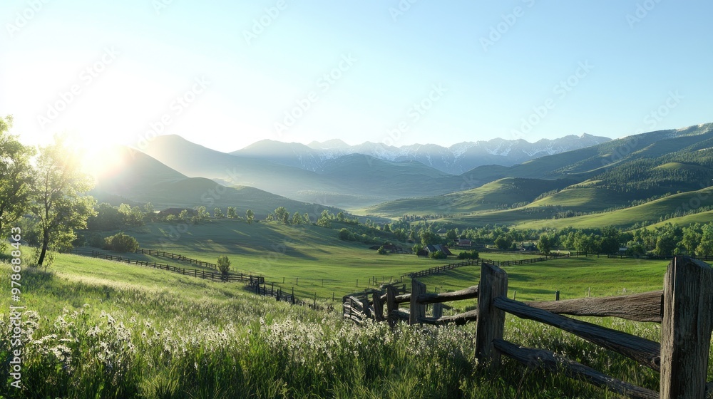 A serene landscape featuring rolling hills, mountains, and a wooden fence at sunrise. A serene landscape featuring rolling hills, mountains, and a wooden fence at sunrise.