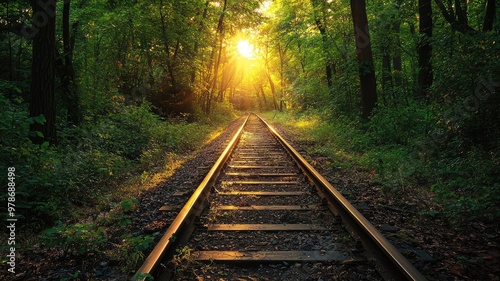 A tranquil railway track meanders through a lush forest, illuminated by a warm sunrise, perfect for serene nature scenes.