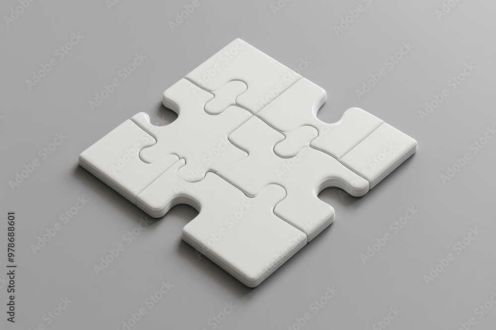 Fototapeta premium A minimalist white jigsaw puzzle with scattered pieces on a smooth grey background. The incomplete puzzle creates a clean, modern aesthetic.