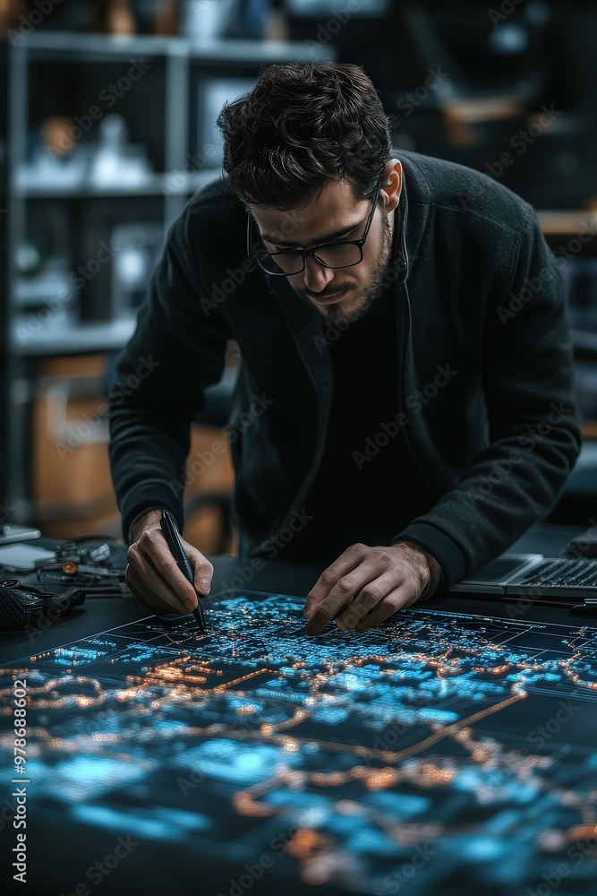 Man working on digital interactive map Man working on digital interactive map