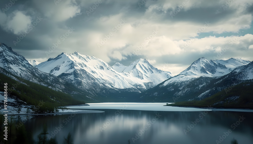 a snowy mountain range with a lake surrounded by snow covered mountains in the foreground and a cloudy sky in the background, with a few clouds in the foreground. a snowy mountain range with a lake surrounded by snow covered mountains in the foreground and a cloudy sky in the background, with a few clouds in the foreground.