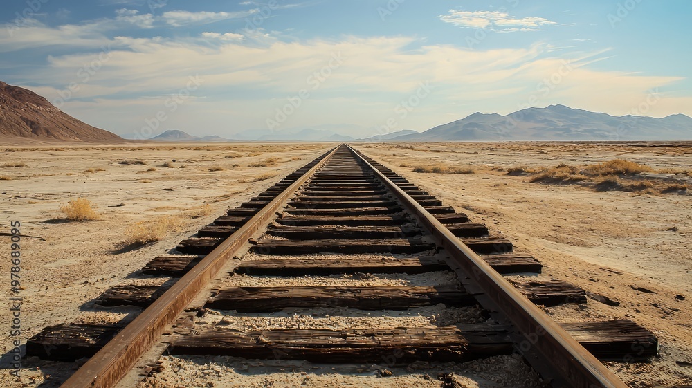 A vast, arid landscape with a straight railway track stretching towards distant mountains under a clear blue sky. A vast, arid landscape with a straight railway track stretching towards distant mountains under a clear blue sky.