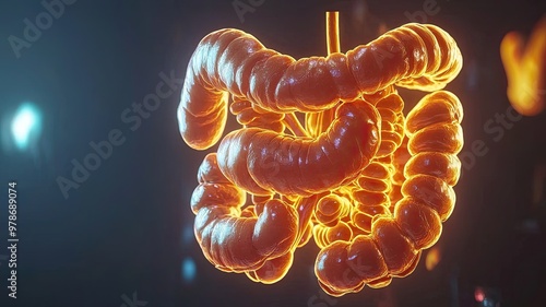 A vibrant 3D illustration of an illuminated intestine, showcasing intricate details and a glowing effect against a dark background.