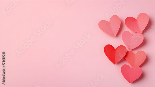 Pink and Red Paper Hearts Arranged on Pink Background for Valentine's Day