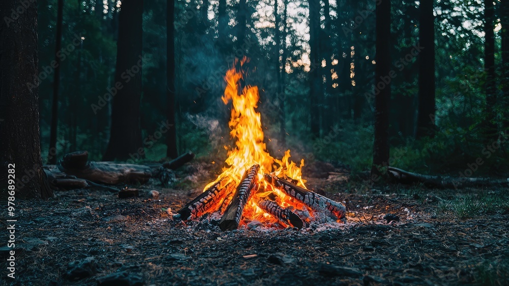 A vibrant campfire glows in a serene forest, creating a warm atmosphere perfect for gatherings under the twilight sky. A vibrant campfire glows in a serene forest, creating a warm atmosphere perfect for gatherings under the twilight sky.