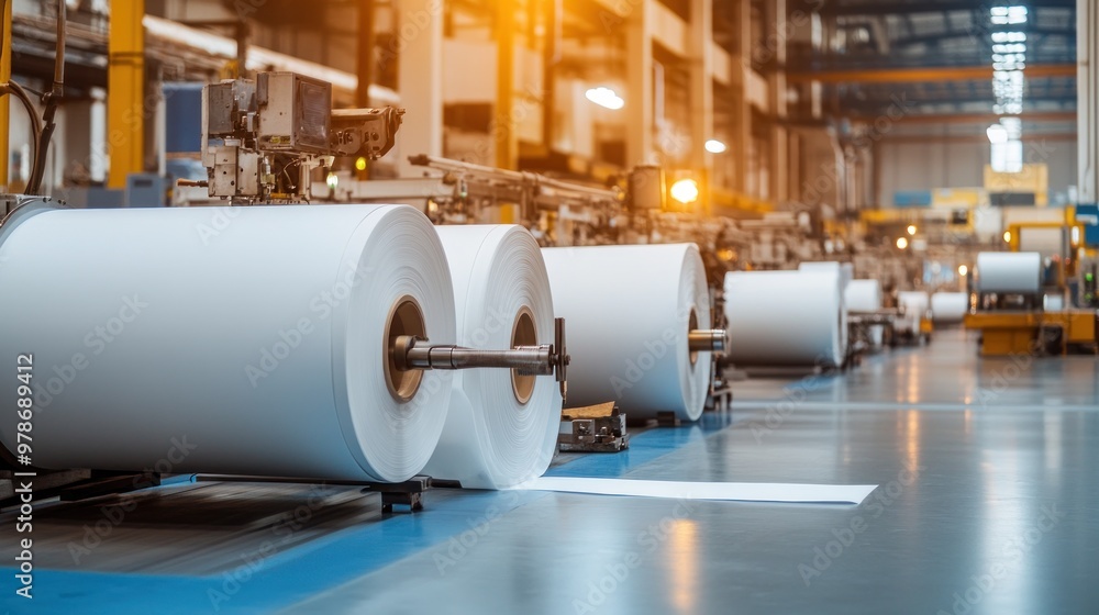 A paper manufacturing facility with large rolls of paper on production lines. A paper manufacturing facility with large rolls of paper on production lines.