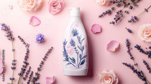 bottle of laundry detergent with a floral design, surrounded by lavender and rose petals photo