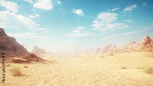 A vast desert landscape under a clear blue sky with rocky formations and sparse vegetation.