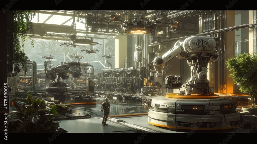 A robot performing tasks in a futuristic factory, with advanced machinery and drones in the background. A robot performing tasks in a futuristic factory, with advanced machinery and drones in the background.