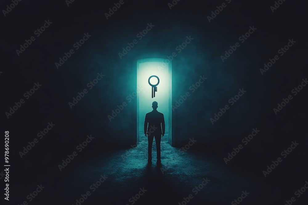 Obraz premium Silhouette in front of glowing doorway with key symbol