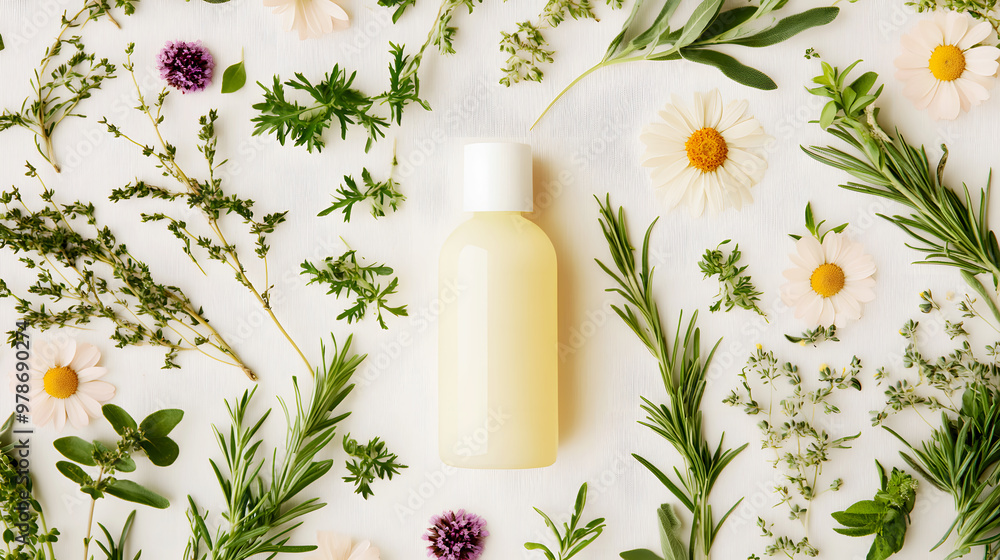 bottle of organic shampoo surrounded by fresh herbs and flowers bottle of organic shampoo surrounded by fresh herbs and flowers