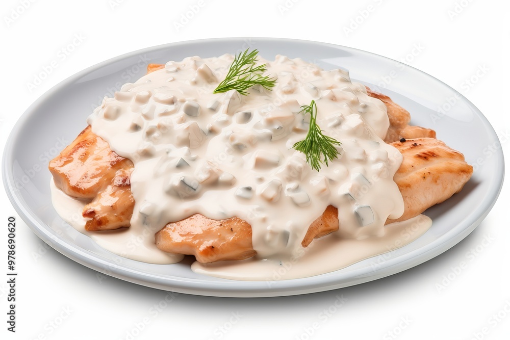 Creamy chicken dish served on a white plate with fresh herbs, ideal for a comforting meal at home Creamy chicken dish served on a white plate with fresh herbs, ideal for a comforting meal at home