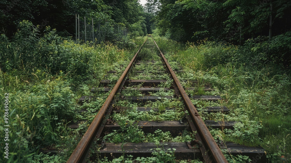 Fototapeta premium Abandoned railway track overgrown with grass and plants, evoking a sense of nature reclaiming human infrastructure.