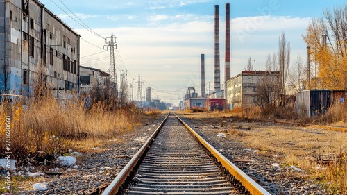 Abandoned railway tracks lead towards a derelict industrial area under a bright sky, highlighting urban decay and nature's reclamation.