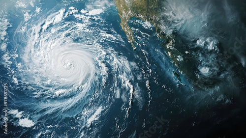 Aerial view of a powerful hurricane spinning over the ocean, showcasing dynamic weather patterns and swirling clouds.