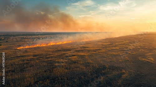 Aerial view of a wildfire spreading across a grassy landscape during sunset, creating a dramatic contrast of colors.