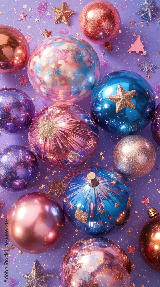 Festive New Year Flat Lay with Metallic Balloons, Calendar, and Glittering Stars on Lavender Background Festive New Year Flat Lay with Metallic Balloons, Calendar, and Glittering Stars on Lavender Background