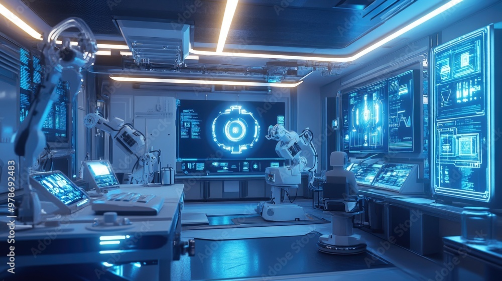 A sleek futuristic lab filled with robots, AI devices, and holographic displays of smart gadgets. A sleek futuristic lab filled with robots, AI devices, and holographic displays of smart gadgets.