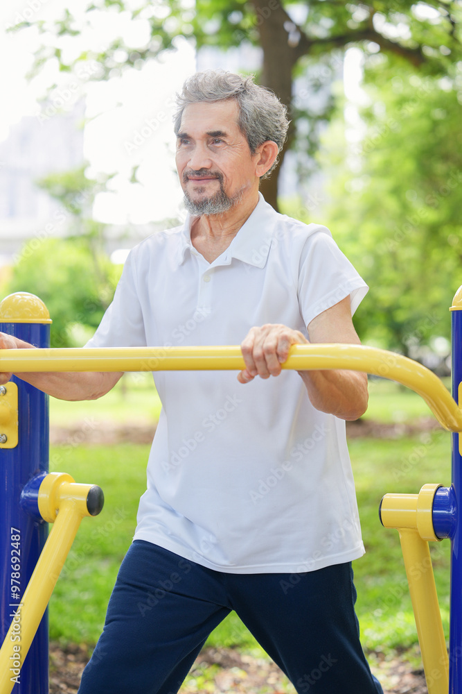 Fototapeta premium cheerful senior man enjoy exercise on ovate stepper gym equipment,mature man workout outdoors in nature park,elderly lifestyle health care,wellness,wellbeing