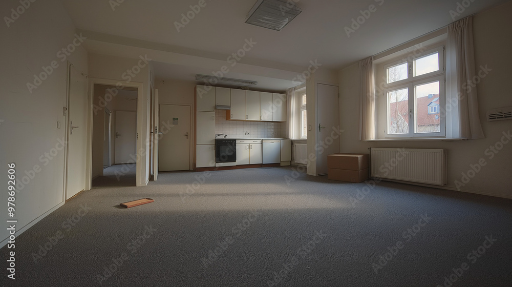 Fototapeta premium Empty studio apartment with moving boxes near a window and natural light.