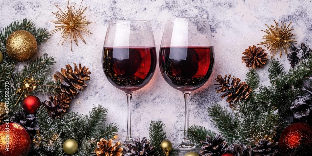 Festive New Year Celebration Flat Lay with Wine Glasses and Fireworks on White Marble Background Festive New Year Celebration Flat Lay with Wine Glasses and Fireworks on White Marble Background