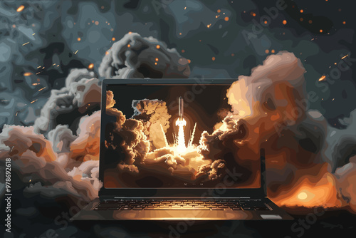 laptop computer on fire, represents computer damage, loss of data, emergency and more, isolated on white  Atomic bomb realistic explosion, red color with smoke on black background