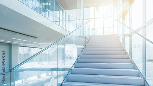 Bright and modern interior staircase with glass railing, highlighting architectural elegance and natural light.