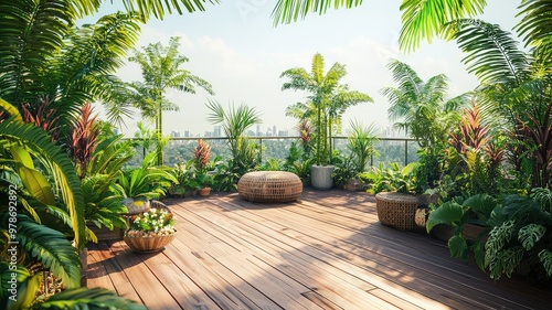 Bright and lush rooftop garden filled with tropical plants, ideal for relaxation and urban nature lovers.