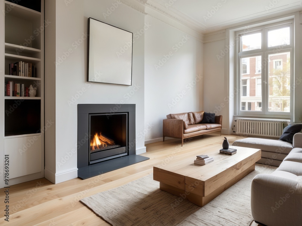 Modern Living Room with Fireplace, Couch, and Coffee Table Modern Living Room with Fireplace, Couch, and Coffee Table