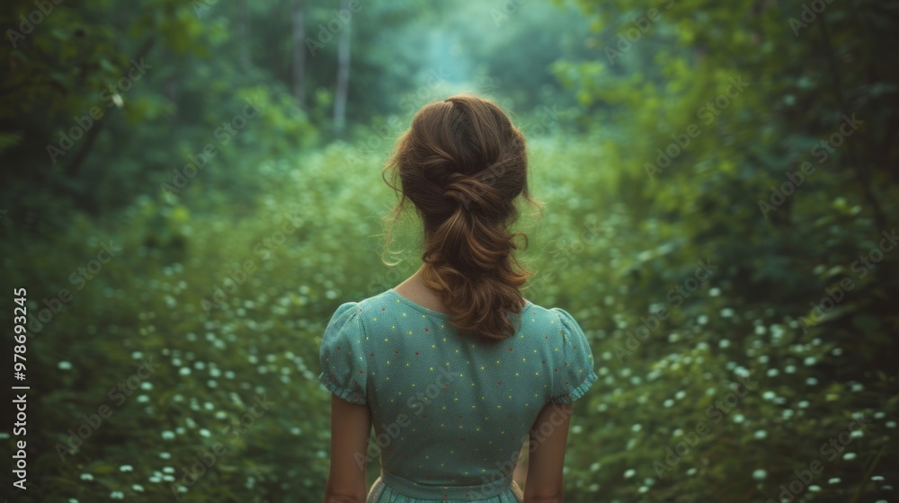 緑の葉と女性の後ろ姿ポートレート,Generative AI AI画像