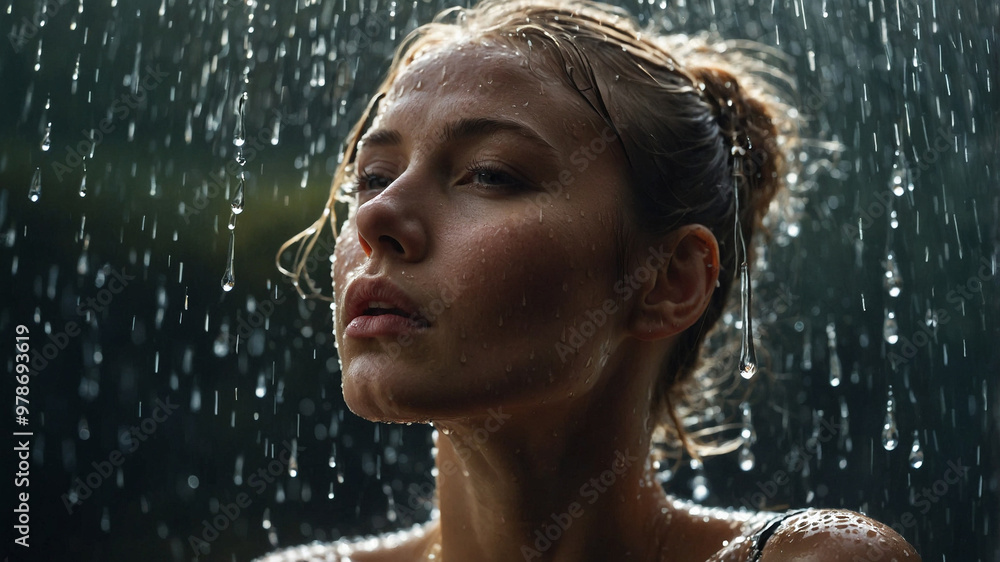 Fototapeta premium Close-up shot of a stunning woman with droplets of water adorning her skin