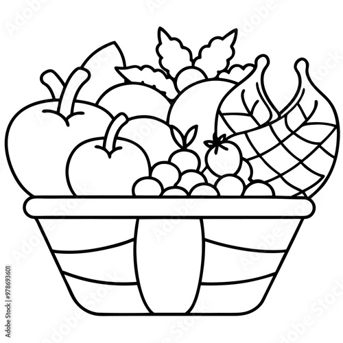 basket full of fruits and vegetables outline coloring book page line art drawing