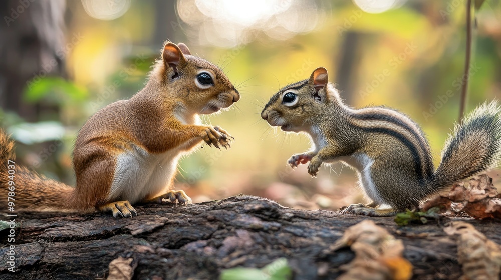 A squirrel and a chipmunk interacting in a woodland setting, showing their social behavior. A squirrel and a chipmunk interacting in a woodland setting, showing their social behavior.