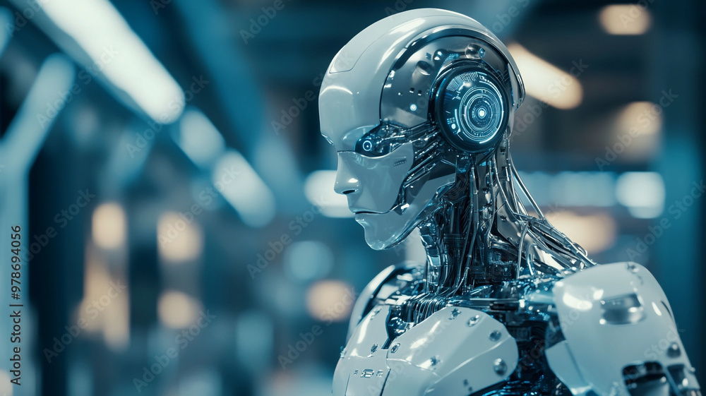 Advanced humanoid robot with sleek metallic design in futuristic laboratory during daylight hours Advanced humanoid robot with sleek metallic design in futuristic laboratory during daylight hours
