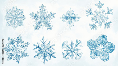 This set of snowflake illustrations includes different snowflake designs for winter themes. They're perfect for adding a wintery touch to your projects.